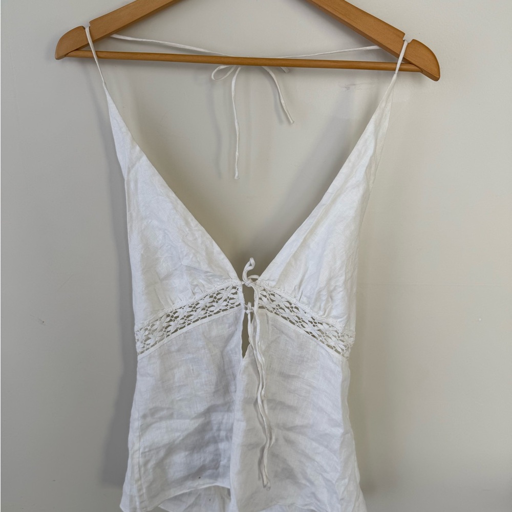 Miguelina - no label - 100% Linen Lace White Halter Top - Size Medium
